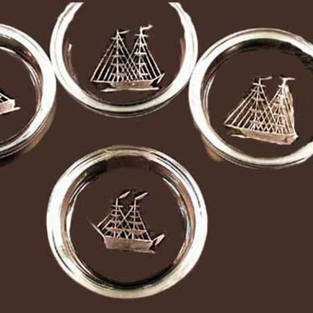 SAILING SHIPS IN CRYSTAL, FOUR, CAN BE DISHES OR COASTERS WITH SIDES, 3 3/4 IN.